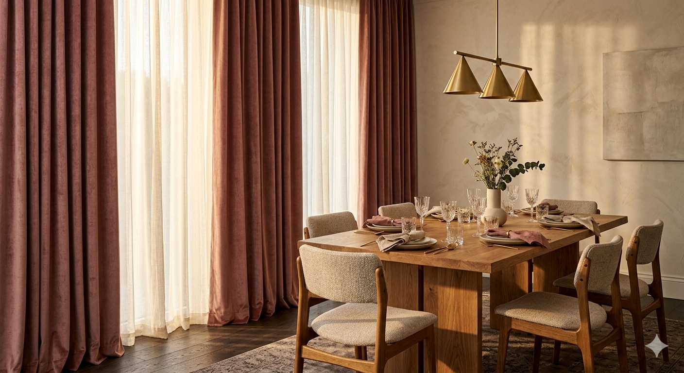 Jedáleň s burgundy závesmi a gold pendant - AI vizualizácia